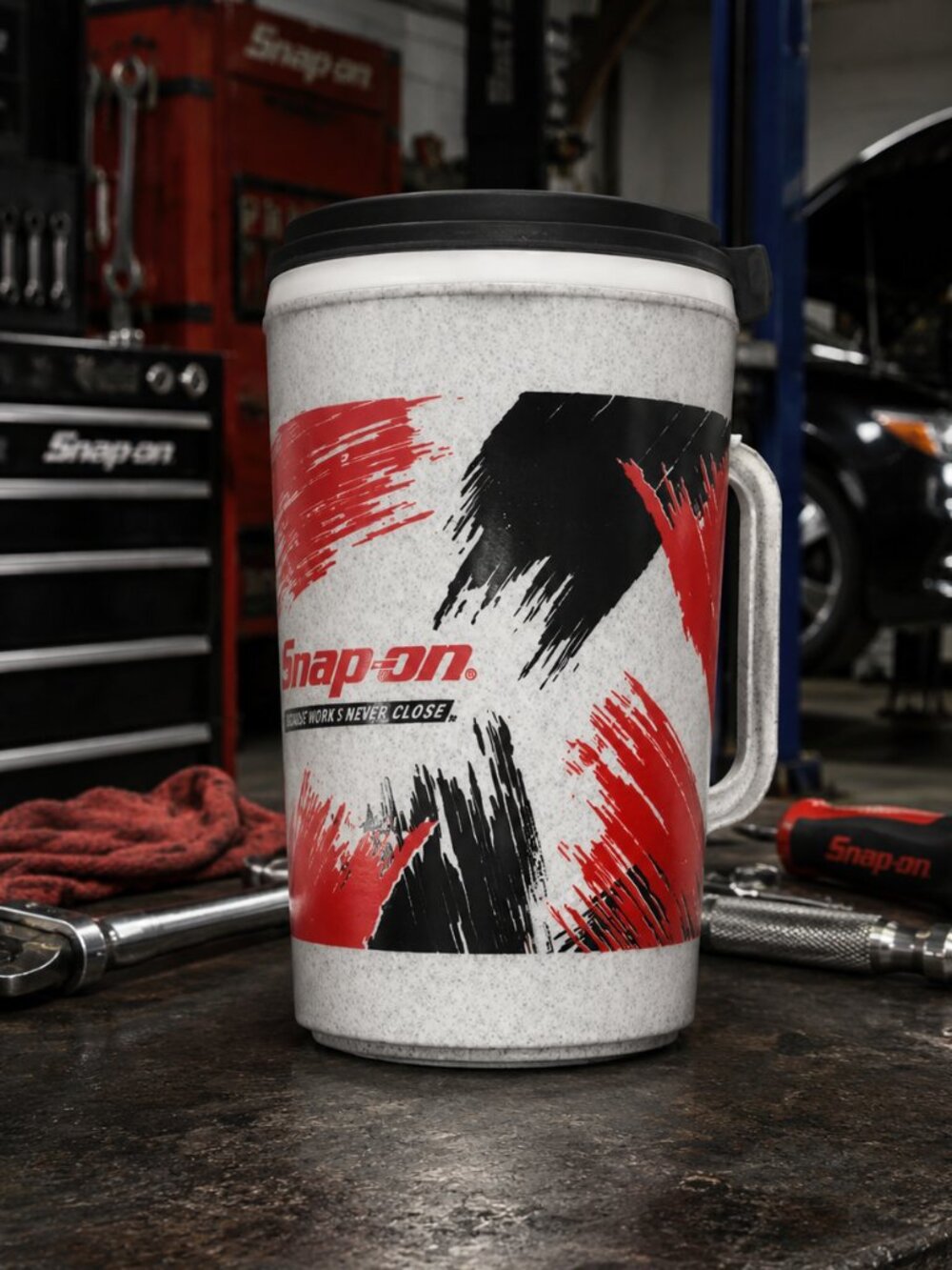 Vintage Snap-on Tools insulated travel mug by Alpha Products, Atlanta, Georgia.